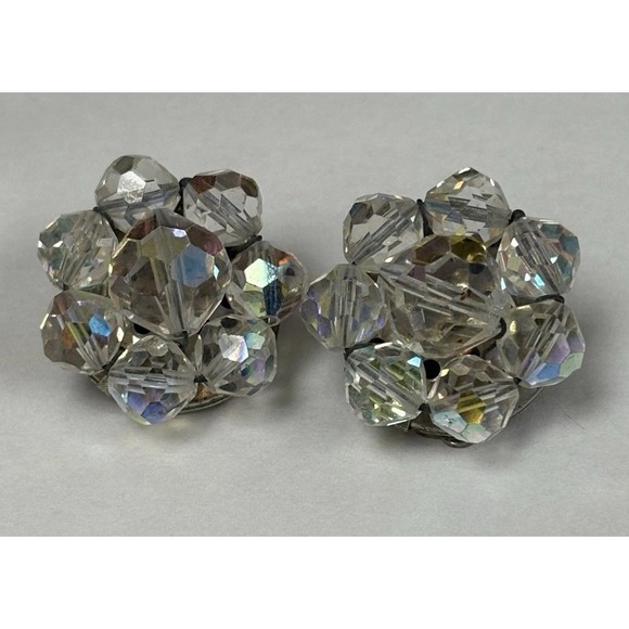 Vintage Jewelry - Vintage Aurora Borealis Earrings Clear Crystal Sparkle Clip Silver Tone Unsigned